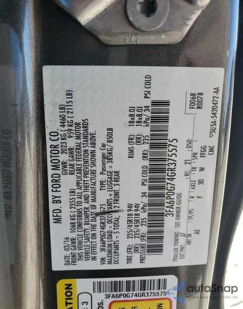 2016 Ford Fusion S z USA, uszkodzony, nr VIN 3FA6P0G74GR375575